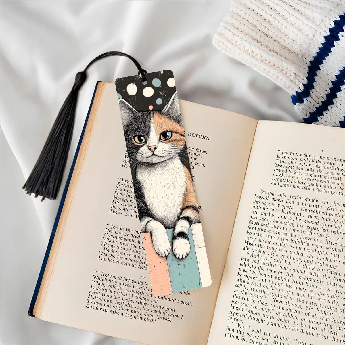 ColorFlow | Calico Cat Bookmark Retro Ink Style Whimsical Feline Art Colorful Polka Dot Background Double Sided | Optional Personalization