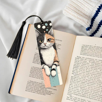 ColorFlow | Calico Cat Bookmark Retro Ink Style Whimsical Feline Art Colorful Polka Dot Background Double Sided | Optional Personalization