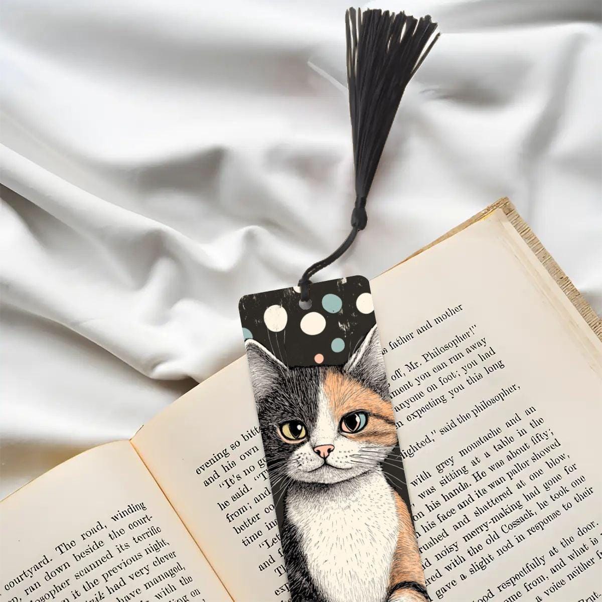 ColorFlow | Calico Cat Bookmark Retro Ink Style Whimsical Feline Art Colorful Polka Dot Background Double Sided | Optional Personalization