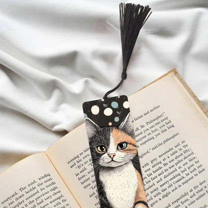 ColorFlow | Calico Cat Bookmark Retro Ink Style Whimsical Feline Art Colorful Polka Dot Background Double Sided | Optional Personalization