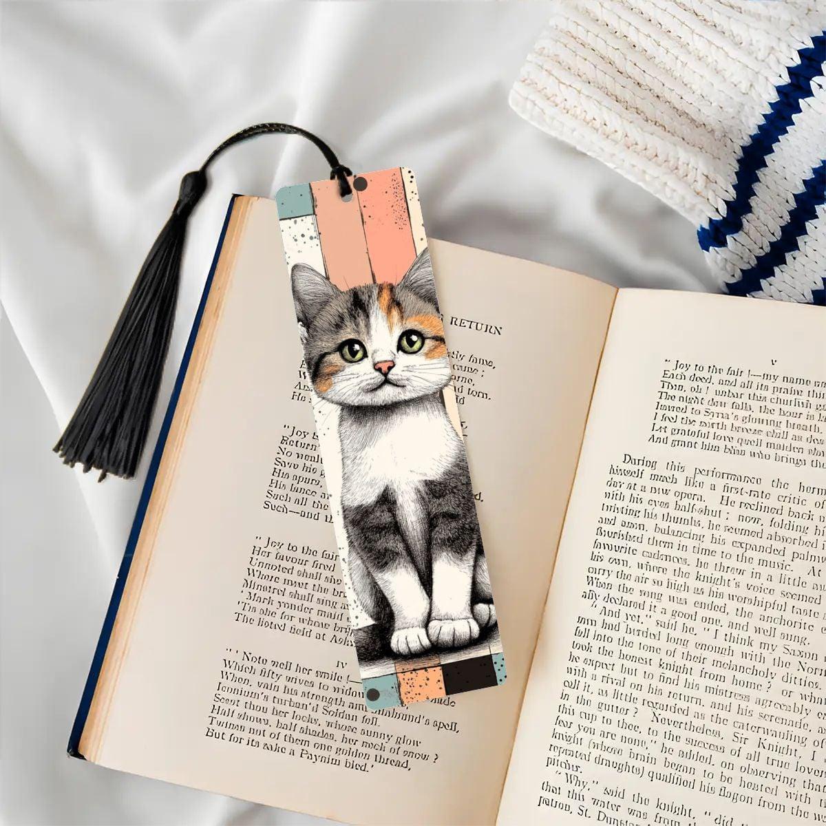 ColorFlow | Calico Kitten Bookmark Retro Ink Style Cute Feline Art Splatter Pattern Design Double Sided | Optional Personalization