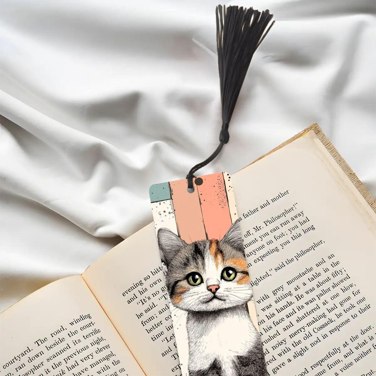 ColorFlow | Calico Kitten Bookmark Retro Ink Style Cute Feline Art Splatter Pattern Design Double Sided | Optional Personalization