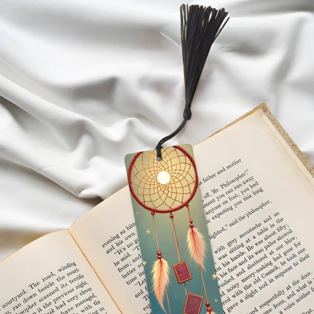 ColorFlow | Dreamcatcher Moon Feather Metal Bookmark Boho Celestial Spiritual Reading Gift | Optional Personalization
