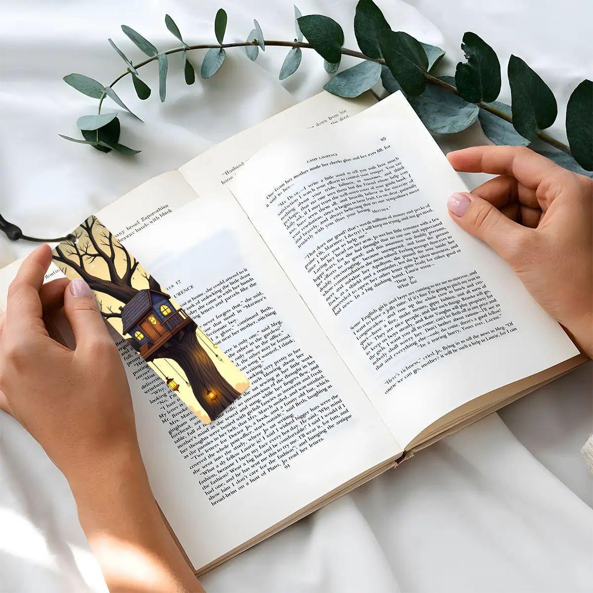 ColorFlow | Enchanted Treehouse Metal Bookmark Fantasy Lantern Art Double Sided Aluminum Reading Gift | Optional Personalization