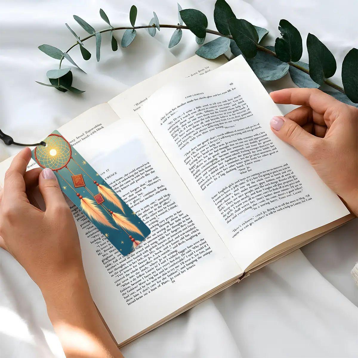 ColorFlow | Golden Dreamcatcher Moon Metal Bookmark Boho Feathers Celestial Spiritual Gift | Optional Personalization