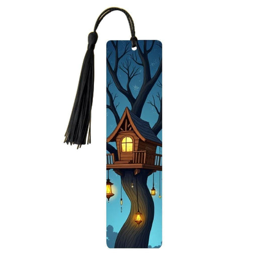 ColorFlow | Midnight Treehouse Metal Bookmark Cozy Lantern Night Fantasy Art Double Sided Aluminum Reading Gift | Optional Personalization