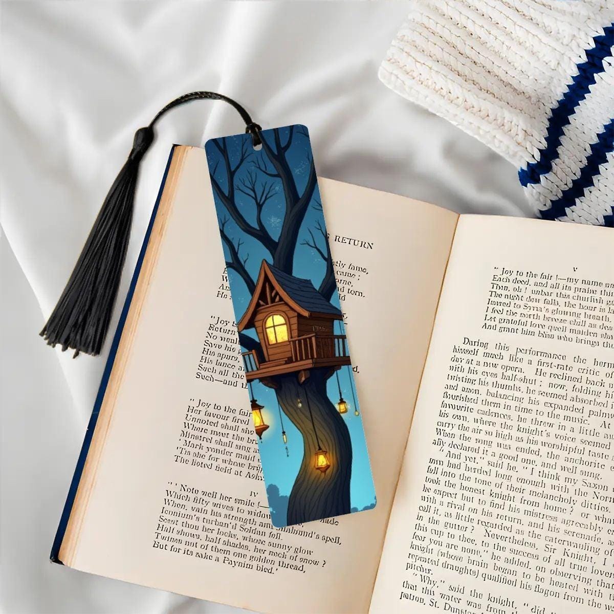 ColorFlow | Midnight Treehouse Metal Bookmark Cozy Lantern Night Fantasy Art Double Sided Aluminum Reading Gift | Optional Personalization