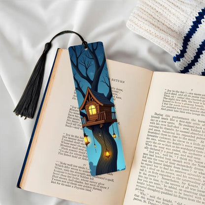 ColorFlow | Midnight Treehouse Metal Bookmark Cozy Lantern Night Fantasy Art Double Sided Aluminum Reading Gift | Optional Personalization
