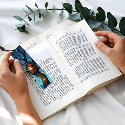 ColorFlow | Midnight Treehouse Metal Bookmark Cozy Lantern Night Fantasy Art Double Sided Aluminum Reading Gift | Optional Personalization