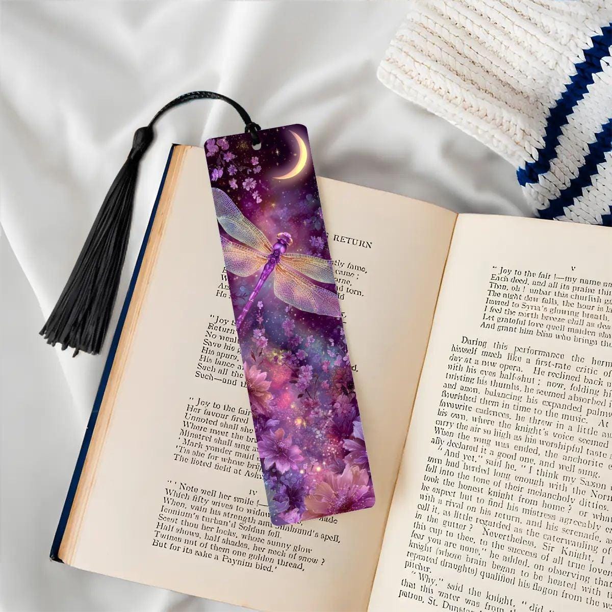 ColorFlow | Moonlit Dragonfly Metal Bookmark Pink Purple Celestial Floral Fantasy Art Double Sided | Optional Personalization