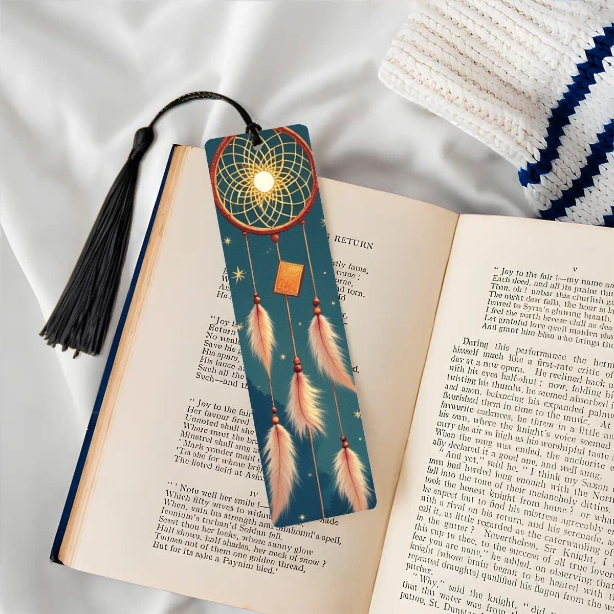ColorFlow | Moonlit Dreamcatcher Feather Metal Bookmark Boho Celestial Spiritual Book Gift | Optional Personalization