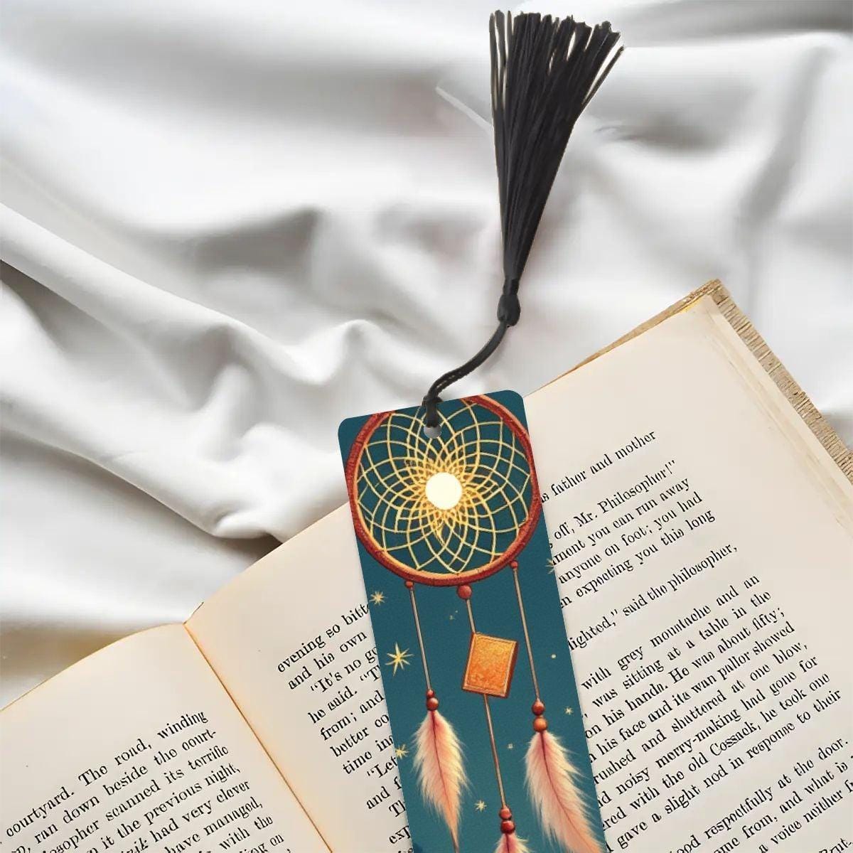 ColorFlow | Moonlit Dreamcatcher Feather Metal Bookmark Boho Celestial Spiritual Book Gift | Optional Personalization