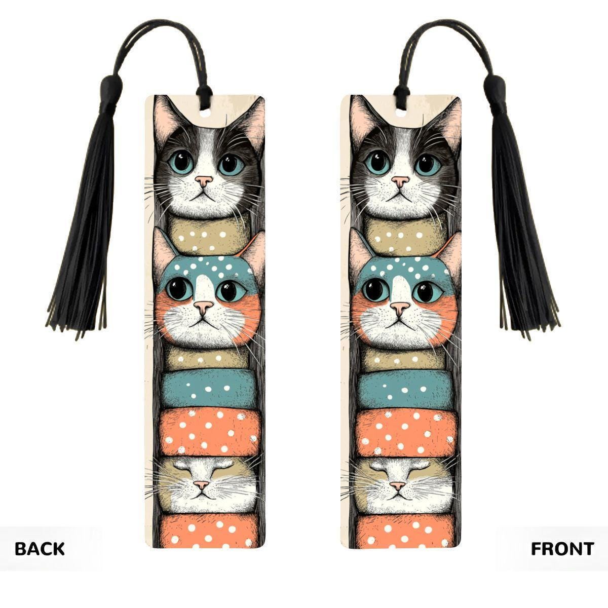 ColorFlow | Stacked Cats Metal Bookmark Quirky Retro Feline Illustration Playful Kitty Art Double Sided Design | Optional Personalization