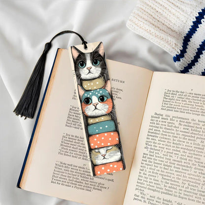 ColorFlow | Stacked Cats Metal Bookmark Quirky Retro Feline Illustration Playful Kitty Art Double Sided Design | Optional Personalization