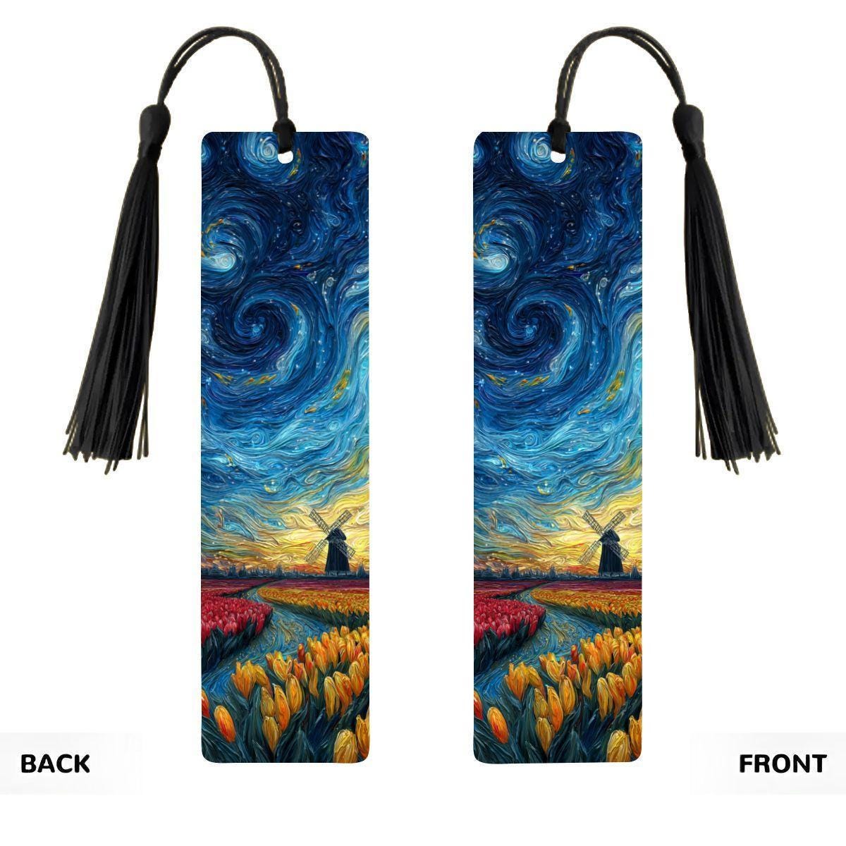 ColorFlow | Starry Night Tulip Field Metal Bookmark | Swirling Sky Windmill Art Double Sided Reading Gift | Optional Personalization