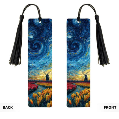ColorFlow | Starry Night Tulip Field Metal Bookmark | Swirling Sky Windmill Art Double Sided Reading Gift | Optional Personalization