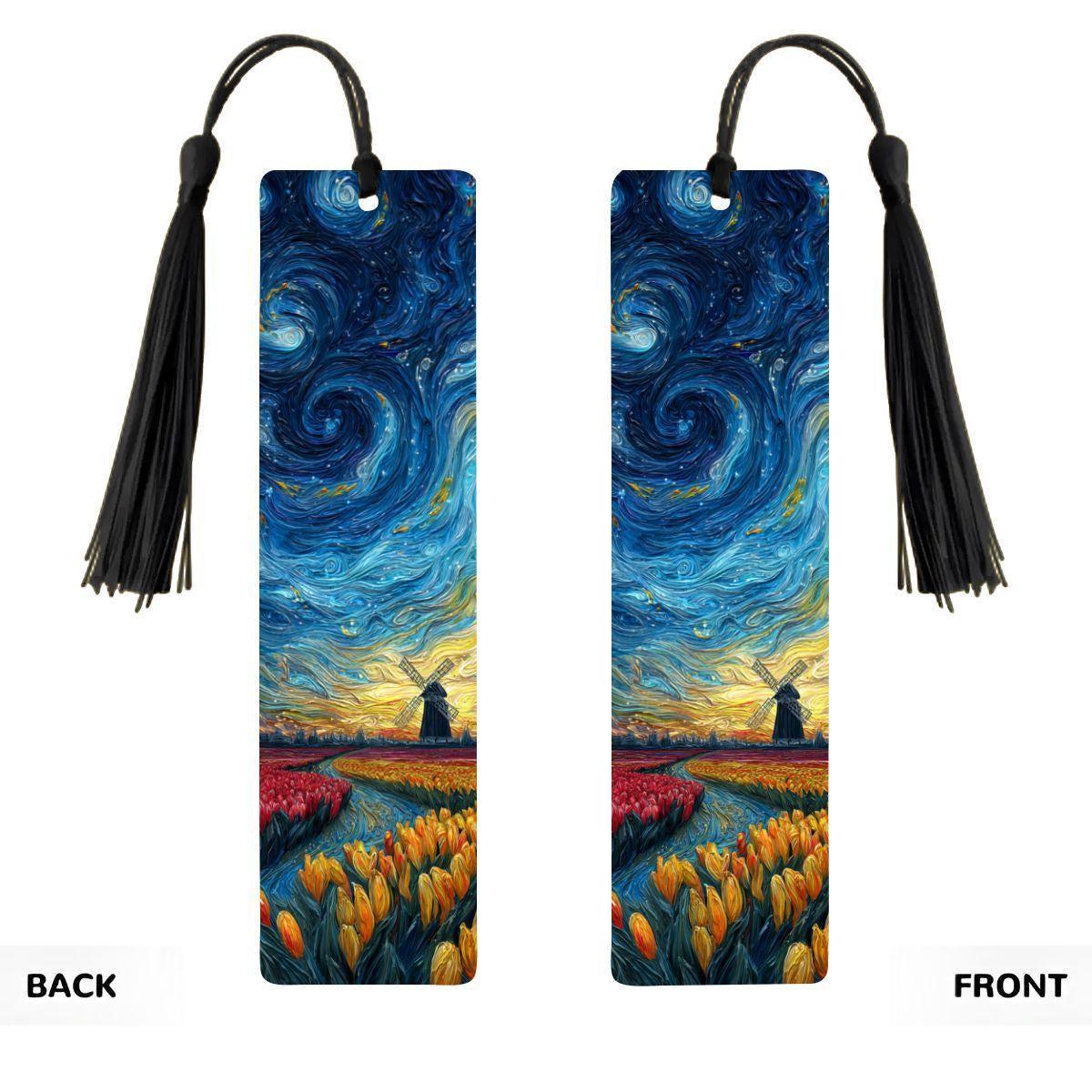 ColorFlow | Starry Night Tulip Field Metal Bookmark | Swirling Sky Windmill Art Double Sided Reading Gift | Optional Personalization