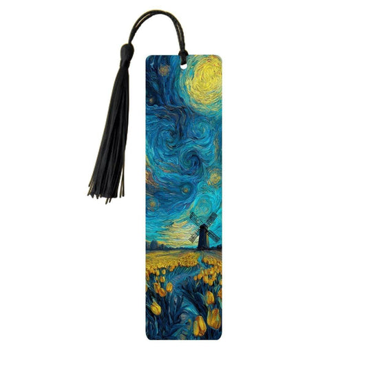 ColorFlow | Starry Night Windmill Metal Bookmark Van Gogh Inspired Tulip Field Art Double Sided Aluminum Reading Gift | Optional Personaliza