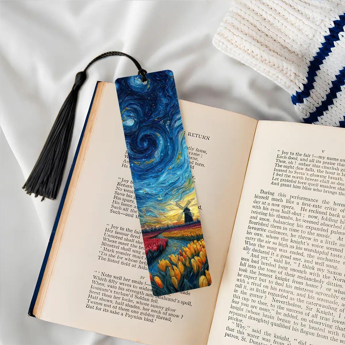 ColorFlow | Starry Night Tulip Field Metal Bookmark | Swirling Sky Windmill Art Double Sided Reading Gift | Optional Personalization