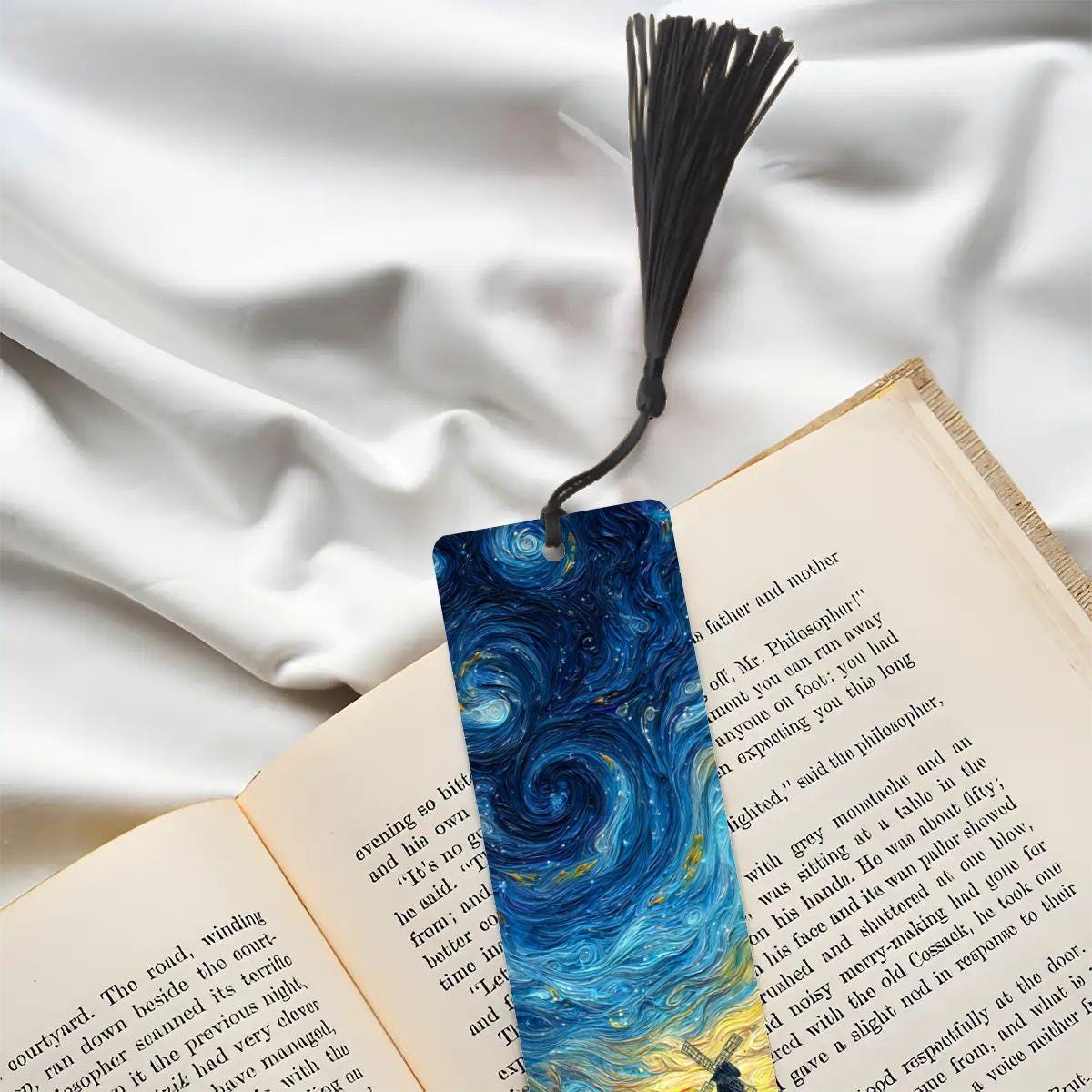 ColorFlow | Starry Night Tulip Field Metal Bookmark | Swirling Sky Windmill Art Double Sided Reading Gift | Optional Personalization