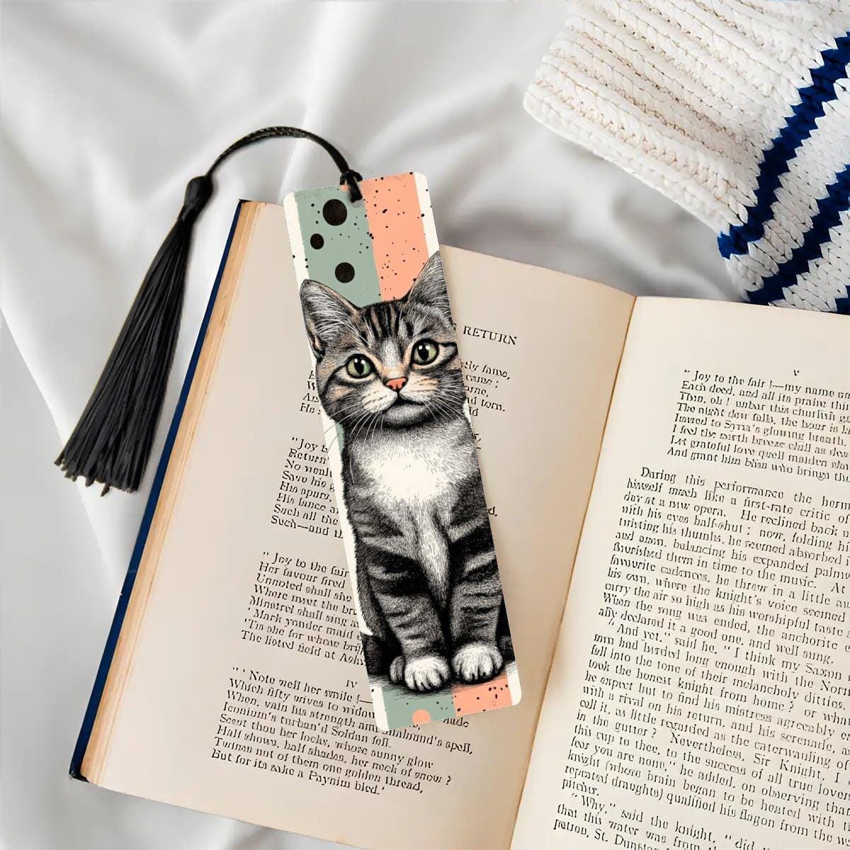 ColorFlow | Tabby Cat Bookmark Retro Ink Style Cute Feline Art Patterned Background Double Sided Design | Optional Personalization