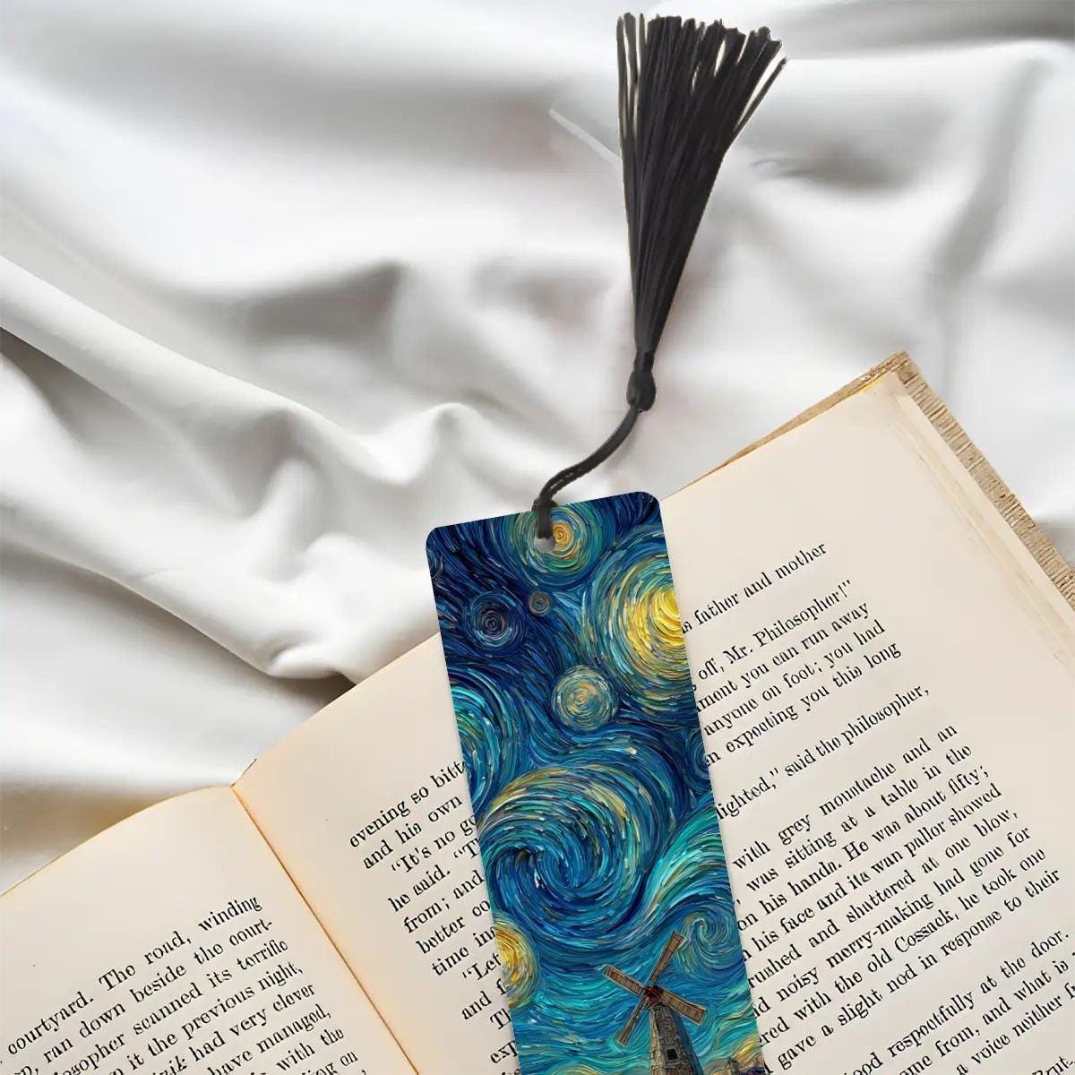 ColorFlow | Starry Sky Windmill Metal Bookmark Van Gogh Inspired Tulip Garden Art Double Sided Aluminum Reading Gift | Optional Personalizat