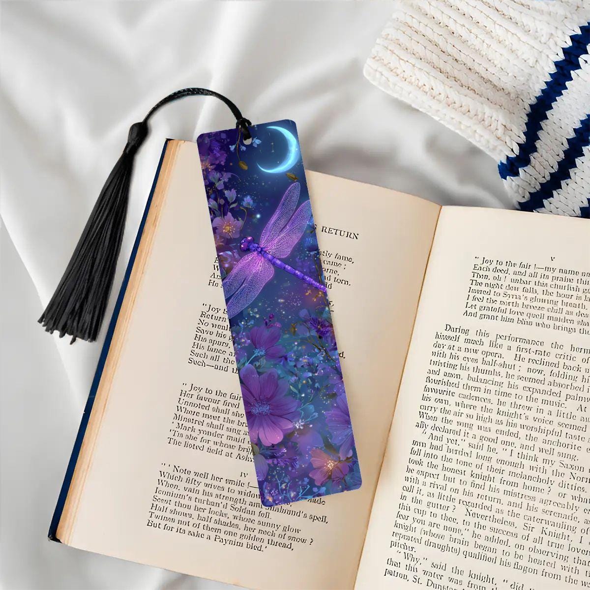 ColorFlow | Twilight Moon Dragonfly Double Sided Metal Bookmark Purple Celestial Floral Fantasy Night Garden Art  | Optional Personalization