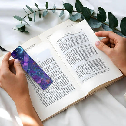 ColorFlow | Twilight Moon Dragonfly Double Sided Metal Bookmark Purple Celestial Floral Fantasy Night Garden Art  | Optional Personalization
