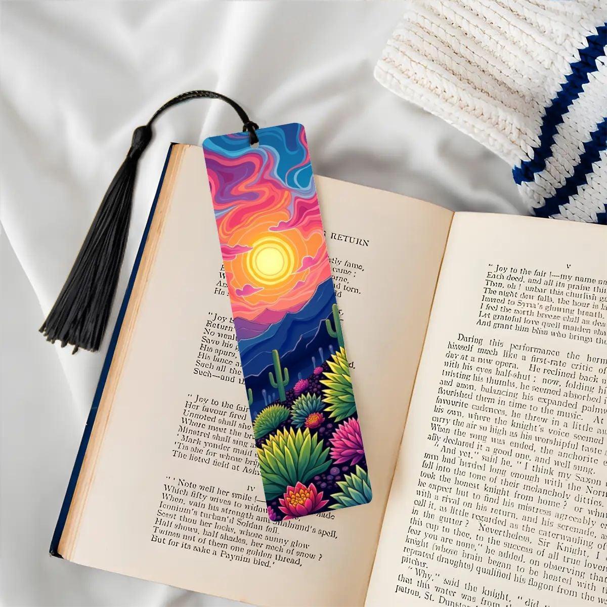 ColorFlow | Vibrant Swirling Sunset Desert Cactus Metal Bookmark Colorful Southwest Landscape Gift | Optional Personalization