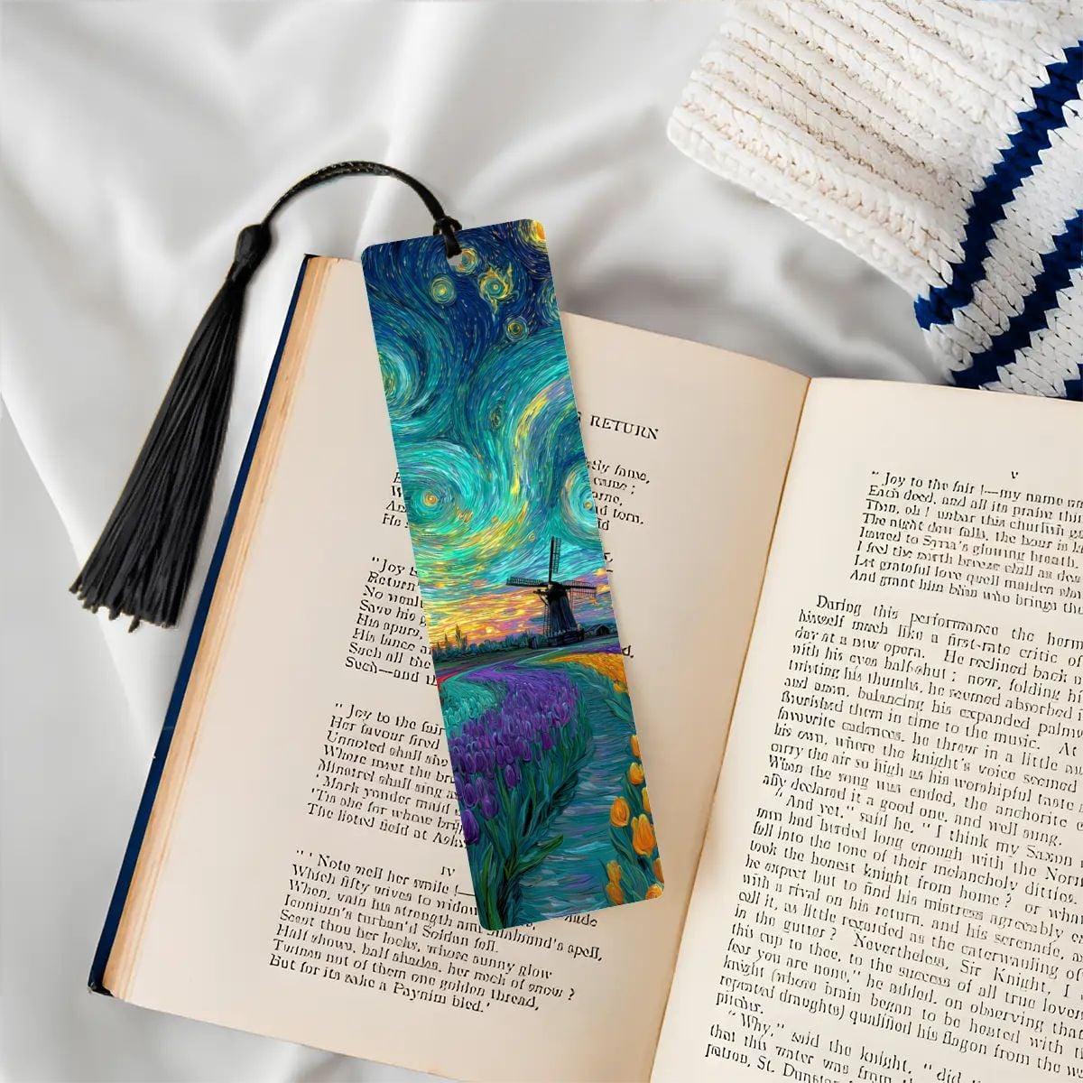 ColorFlow | Vibrant Tulip Field Windmill Metal Bookmark Van Gogh Style Sunset Swirl Art Double Sided Aluminum Reading Gift | Optional Person