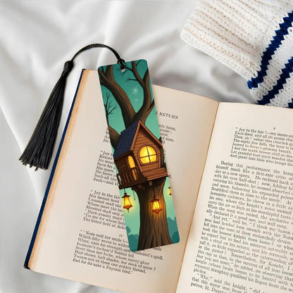 ColorFlow | Whimsical Lantern Treehouse Metal Bookmark Warm Woodland Night Fantasy Art Double Sided Reading Gift | Optional Personalization