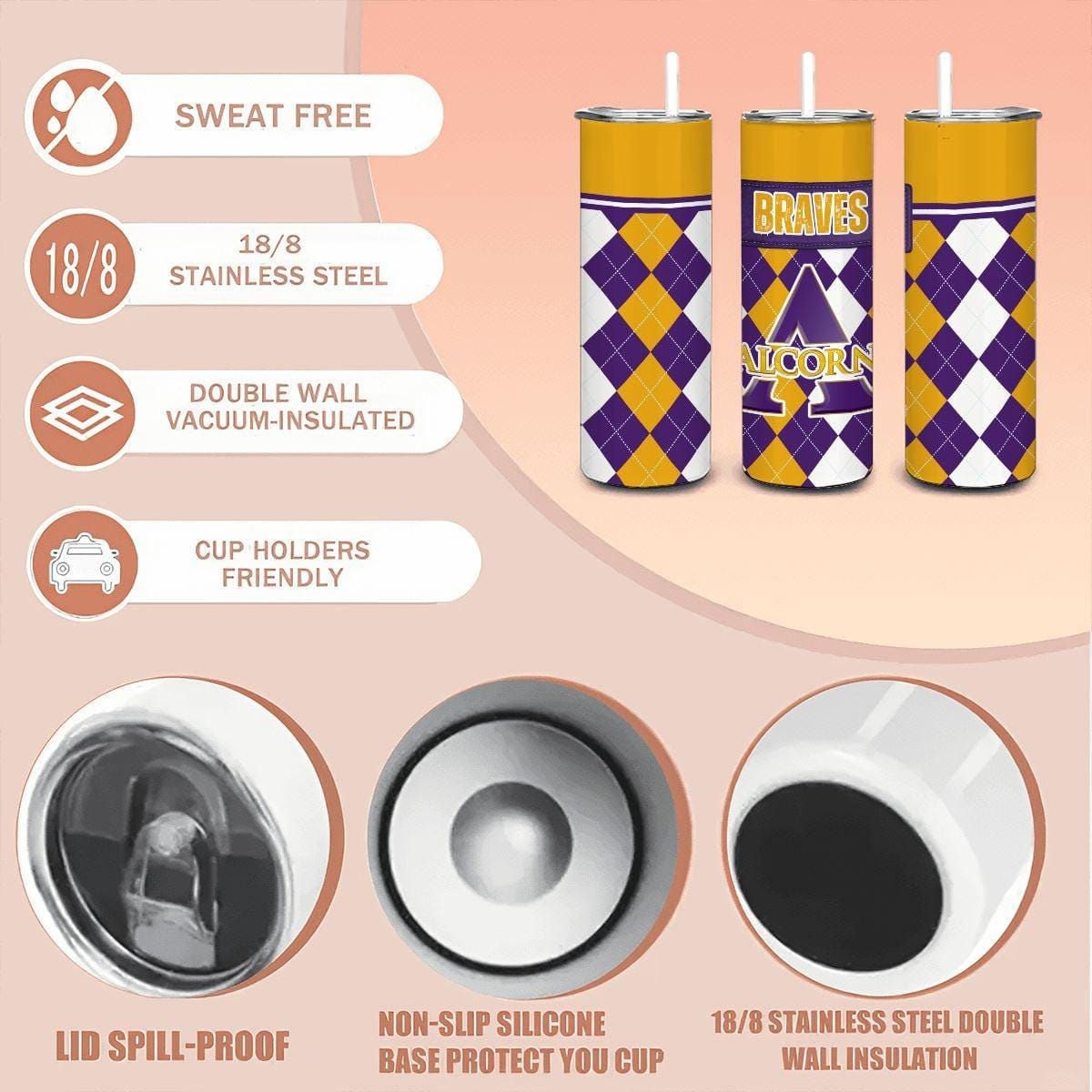 ColorFlow | Alcorn State Inspired Braves Argyle Straight Tumbler 20oz Stainless Steel Drinkware Optional Personalization