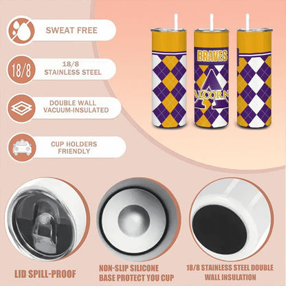ColorFlow | Alcorn State Inspired Braves Argyle Straight Tumbler 20oz Stainless Steel Drinkware Optional Personalization