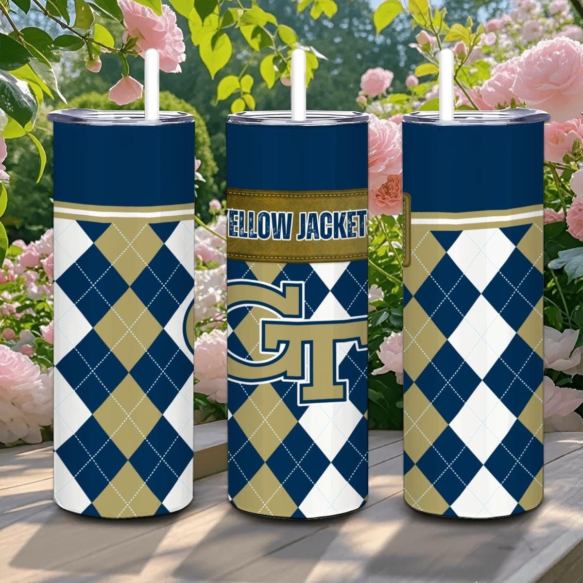 ColorFlow | Georgia Tech Inspired Yellow Jackets Argyle Straight Tumbler 20oz Stainless Steel Drinkware Optional Personalization