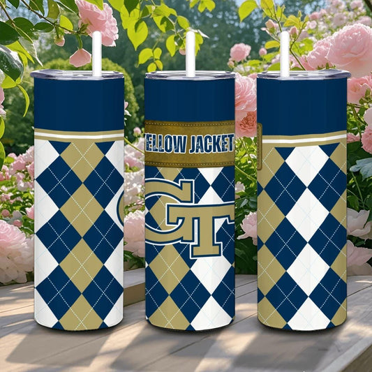 ColorFlow | Georgia Tech Inspired Yellow Jackets Argyle Straight Tumbler 20oz Stainless Steel Drinkware Optional Personalization