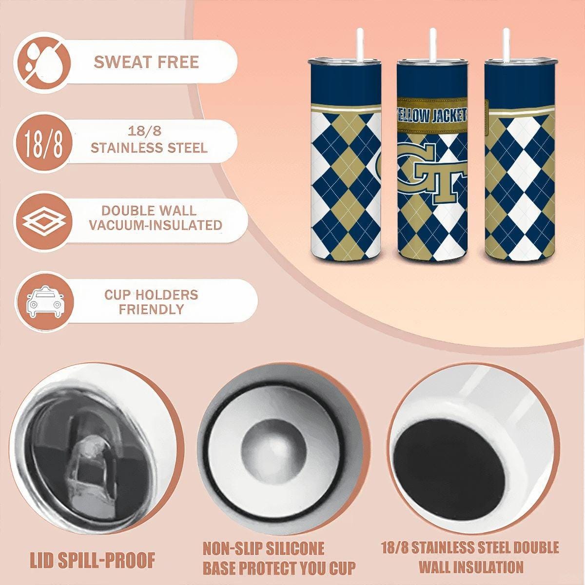 ColorFlow | Georgia Tech Inspired Yellow Jackets Argyle Straight Tumbler 20oz Stainless Steel Drinkware Optional Personalization