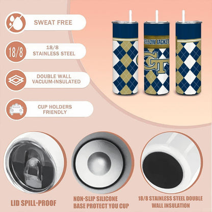 ColorFlow | Georgia Tech Inspired Yellow Jackets Argyle Straight Tumbler 20oz Stainless Steel Drinkware Optional Personalization