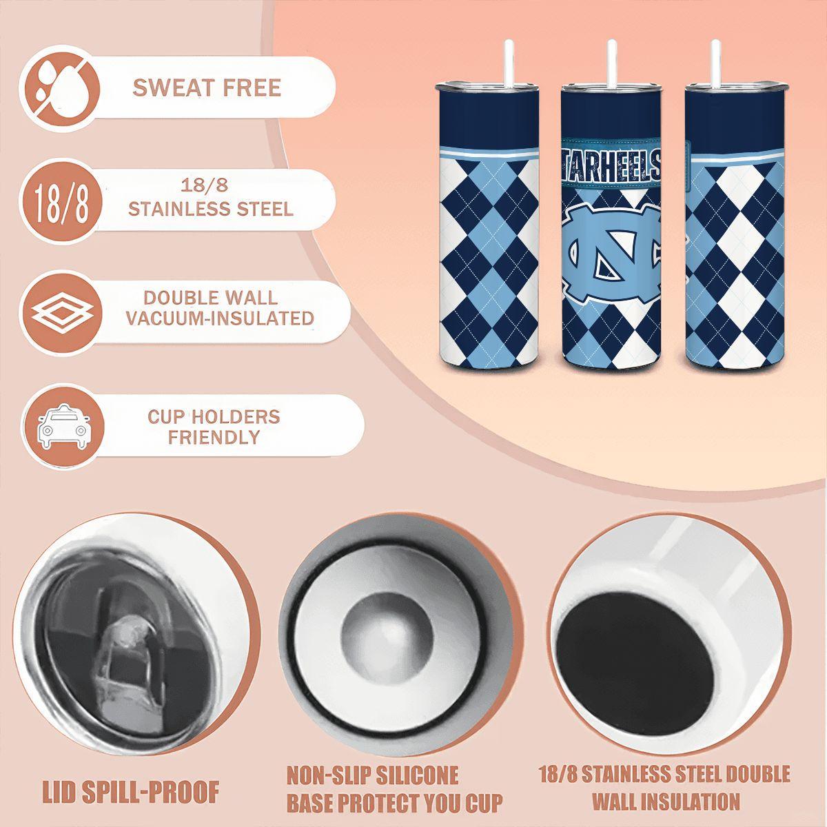 ColorFlow | North Carolina Inspired Tar Heels Argyle Straight Tumbler 20oz Stainless Steel Drinkware Optional Personalization