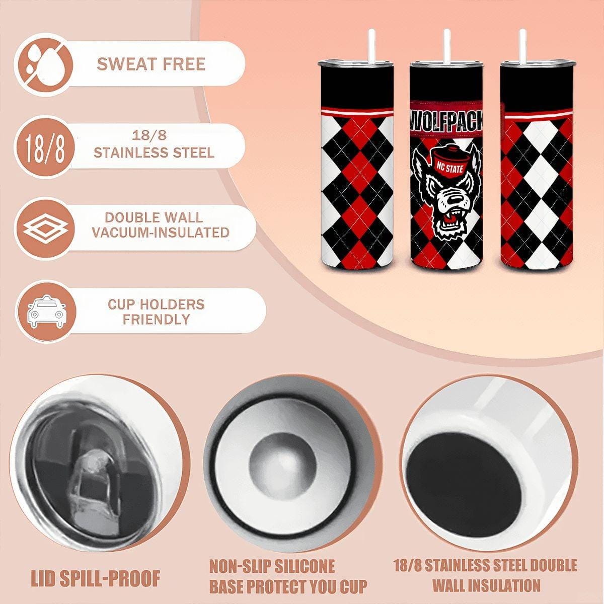 ColorFlow | NC State Inspired Wolfpack Argyle Straight Tumbler 20oz Stainless Steel Drinkware Optional Personalization