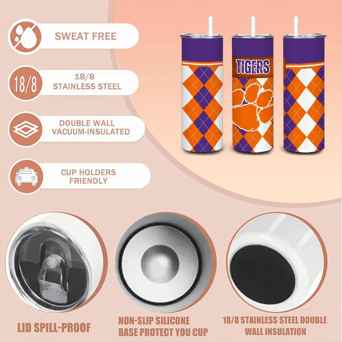 ColorFlow | Clemson Inspired Tigers Argyle Straight Tumbler 20oz Stainless Steel Drinkware Optional Personalization