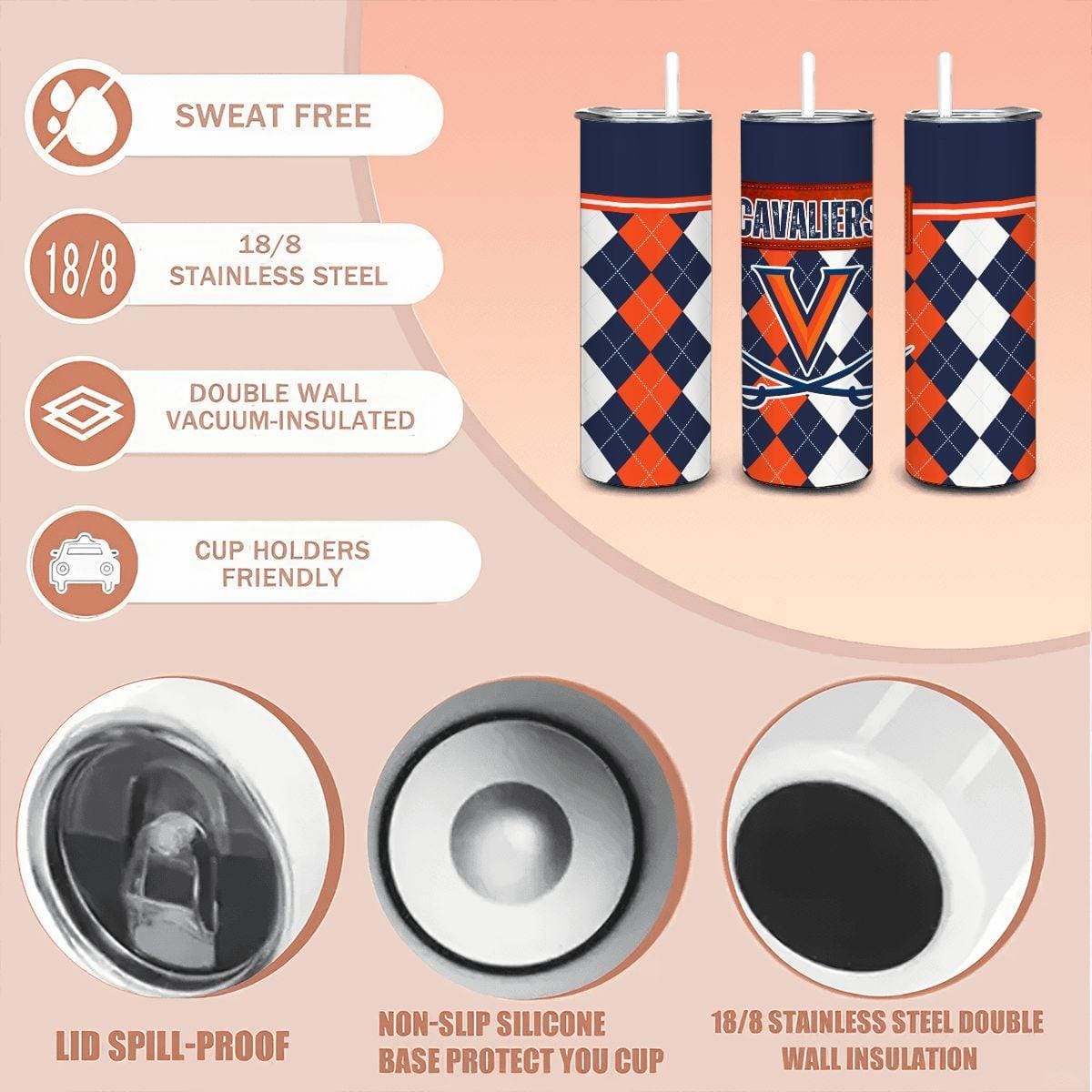 ColorFlow | Virginia Inspired Cavaliers Argyle Straight Tumbler 20oz Stainless Steel Drinkware Optional Personalization