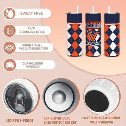 ColorFlow | Virginia Inspired Cavaliers Argyle Straight Tumbler 20oz Stainless Steel Drinkware Optional Personalization