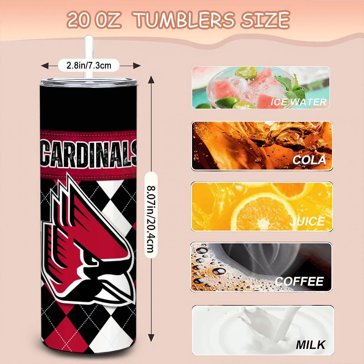ColorFlow | Ball State Inspired Cardinals Argyle Straight Tumbler 20oz Stainless Steel Drinkware Optional Personalization