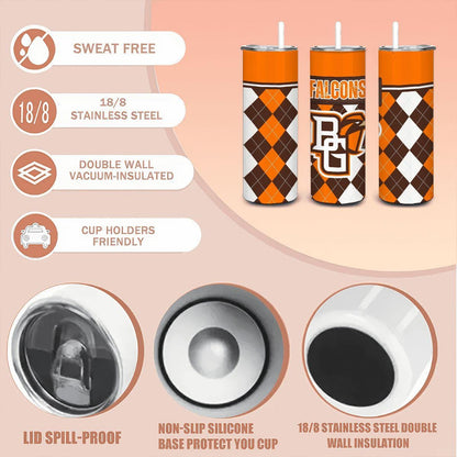 ColorFlow | Bowling Green Inspired Falcons Argyle Straight Tumbler 20oz Stainless Steel Drinkware Optional Personalization