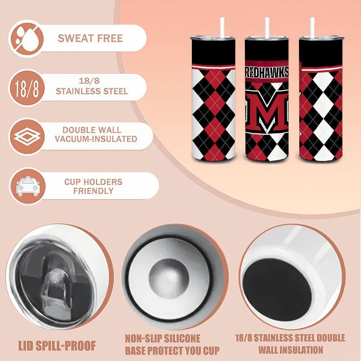 ColorFlow | Miami Ohio Inspired RedHawks Argyle Straight Tumbler 20oz Stainless Steel Drinkware Optional Personalization