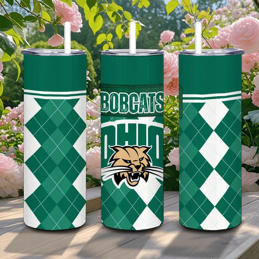 ColorFlow | Ohio University Inspired Bobcats Argyle Straight Tumbler 20oz Stainless Steel Drinkware Optional Personalization