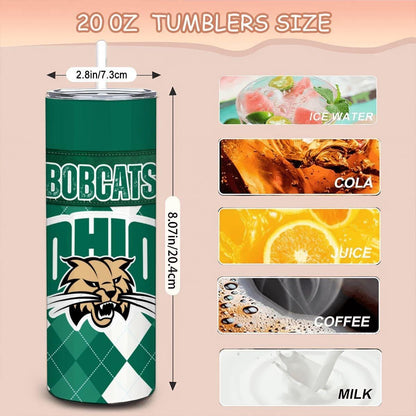 ColorFlow | Ohio University Inspired Bobcats Argyle Straight Tumbler 20oz Stainless Steel Drinkware Optional Personalization