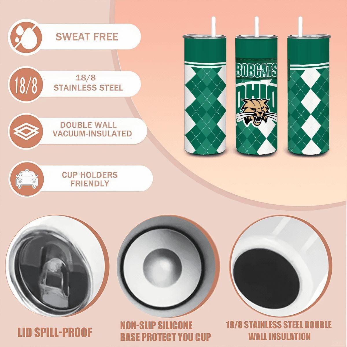 ColorFlow | Ohio University Inspired Bobcats Argyle Straight Tumbler 20oz Stainless Steel Drinkware Optional Personalization