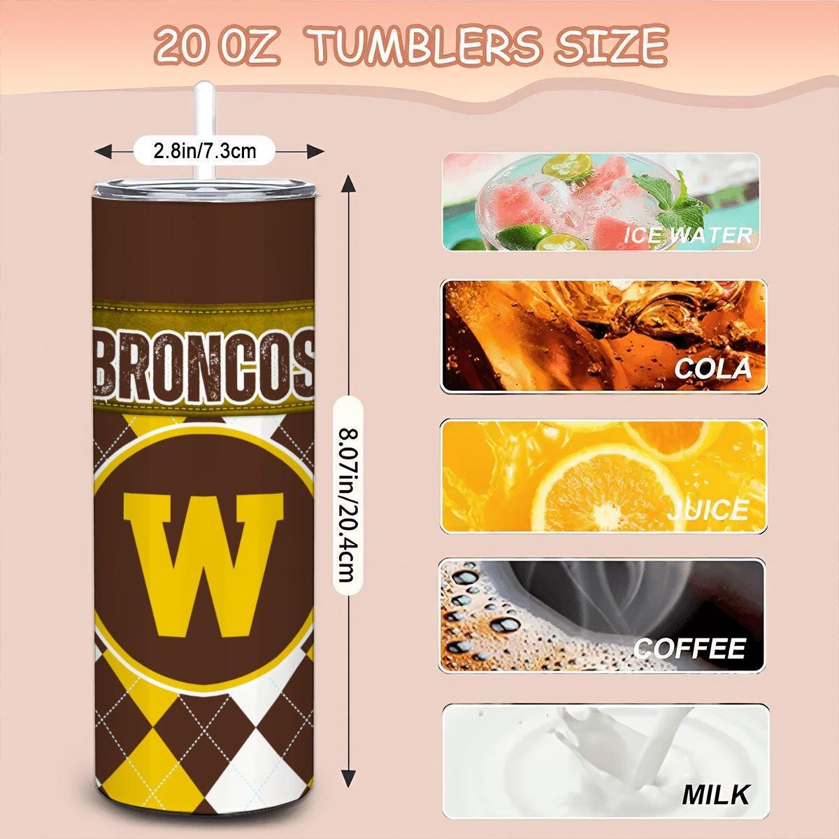 ColorFlow | Western Michigan Inspired Broncos Argyle Straight Tumbler 20oz Stainless Steel Drinkware Optional Personalization