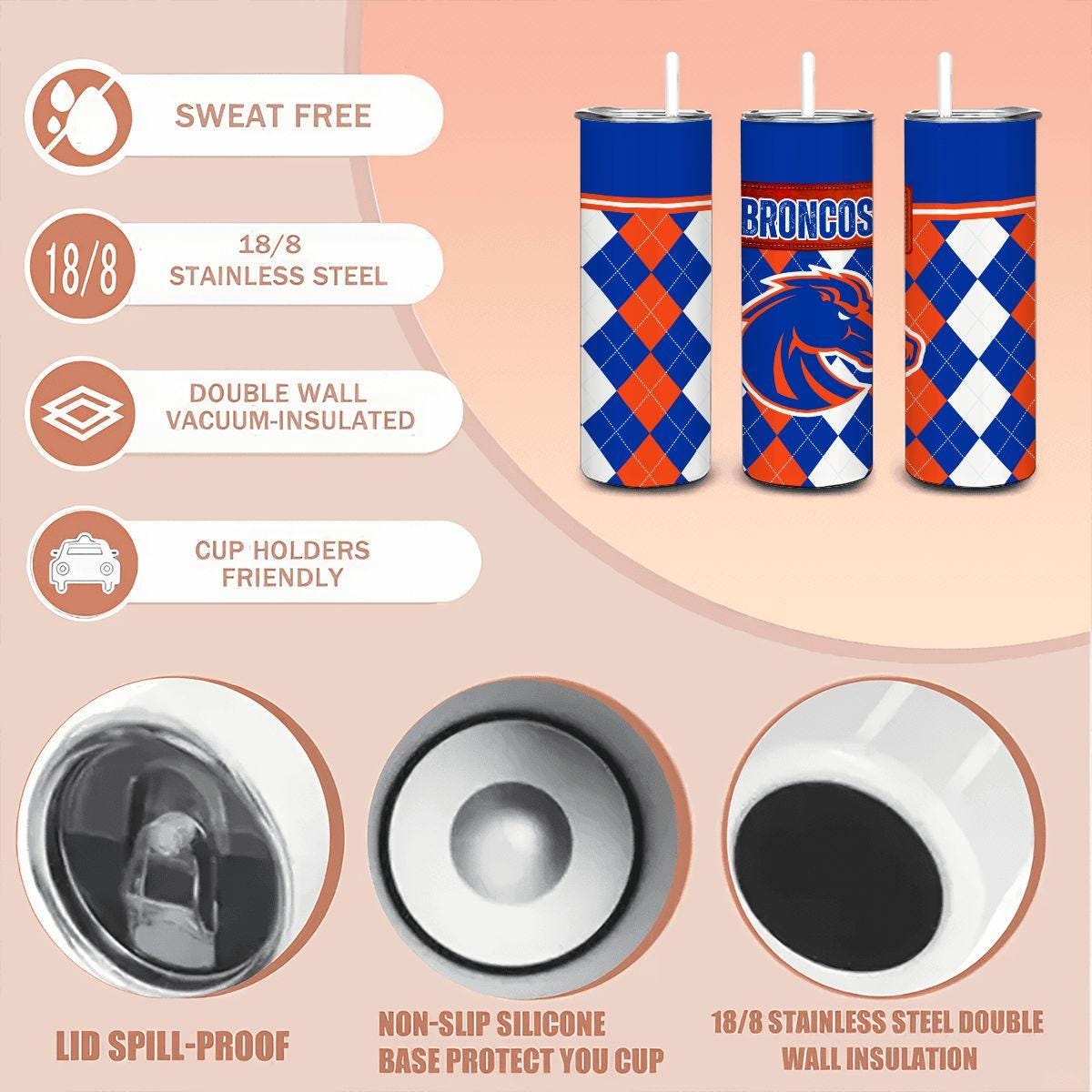 ColorFlow | Boise State Broncos Inspired 20oz Straight Stainless Tumbler | Game Day Style | Personalization Optional